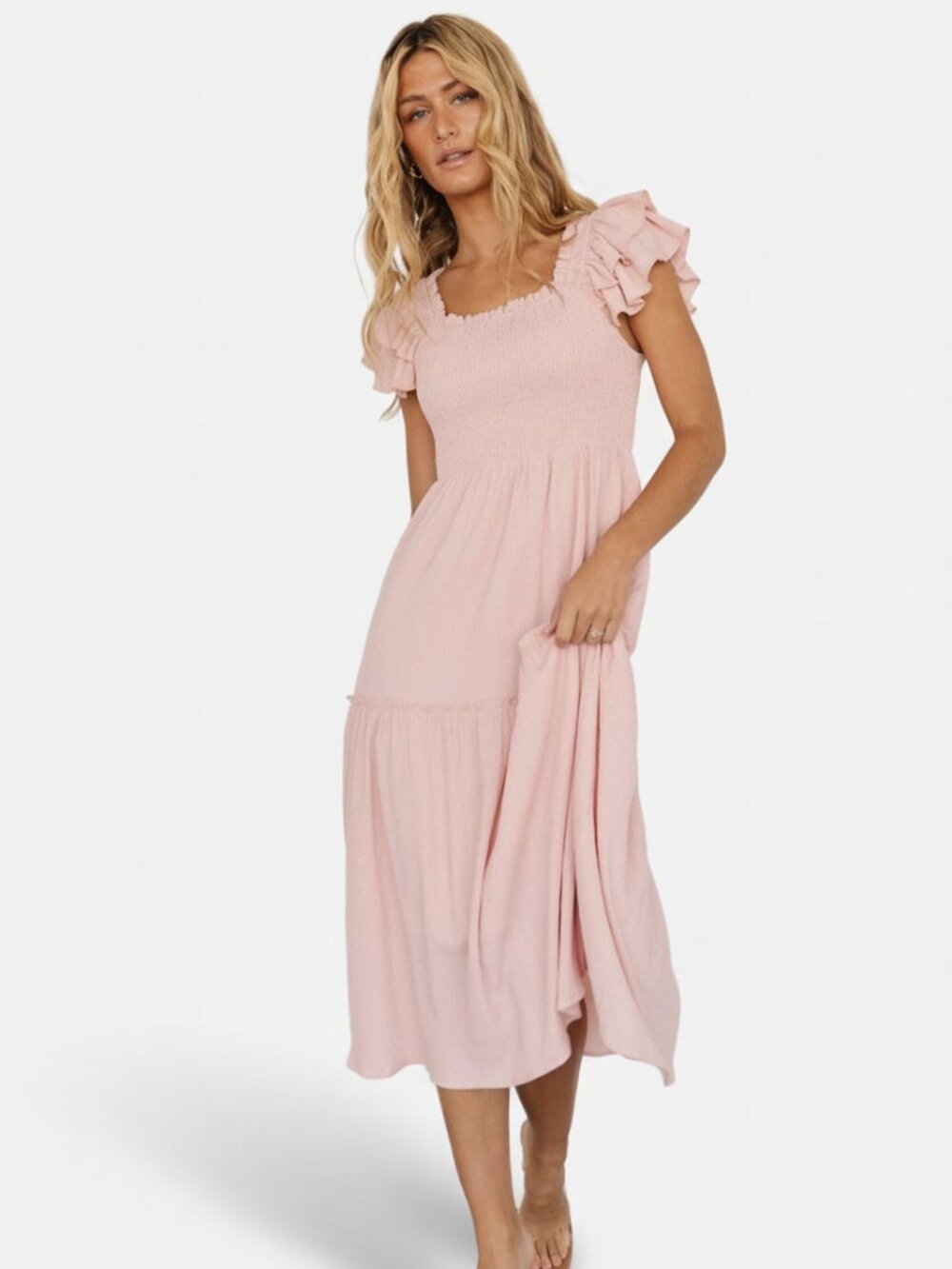 NWT Baltic Born Jacie Smocked Midi Dress Blush Pink XL Cottagecore Pockets